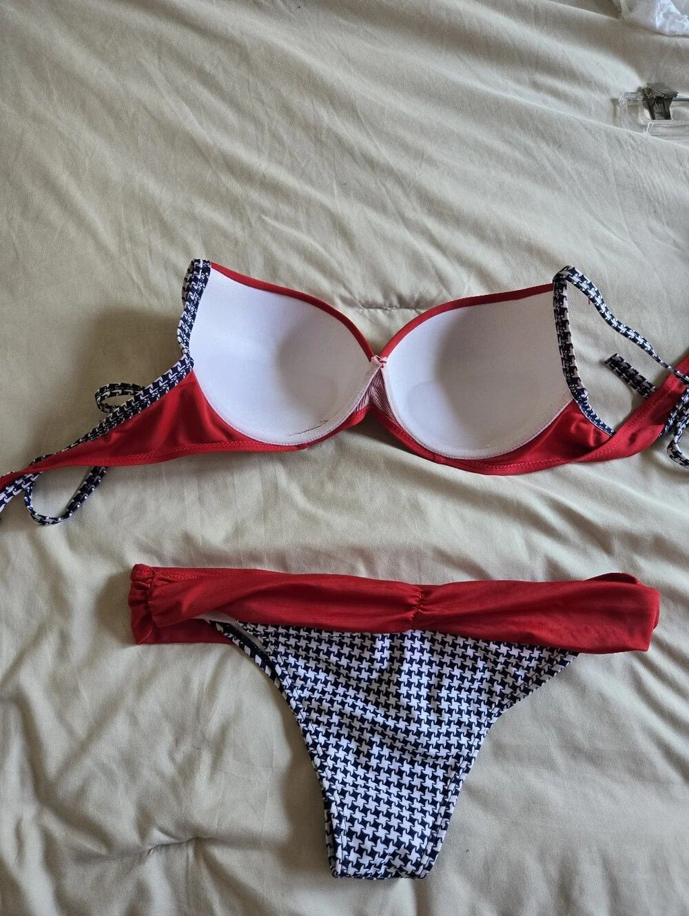 Red Houndstooth-Trim Two-Piece Bikini Set